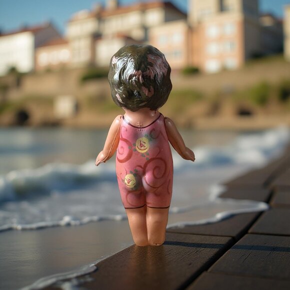 Celluloid Doll Side Eye in Swim Suit 6" Japan Movable Arms Molded Hair Finger Wa - Picture 2 of 10